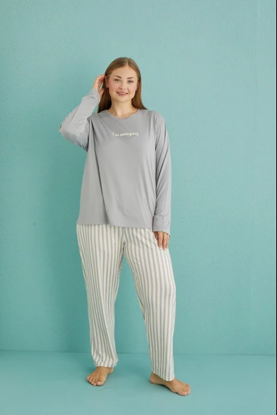 Gd Goldoremi 50802-19 Büyük Beden Kadın Amazing Milan Kumaş Pijama Takım - Resim 2