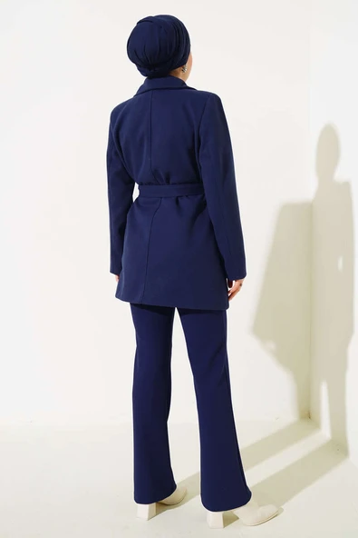 Kruvaze Yaka Kuşaklı Kısa Kaşe Kaban Lacivert - 3