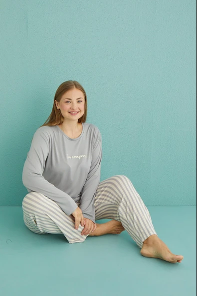 Gd Goldoremi 50802-19 Büyük Beden Kadın Amazing Milan Kumaş Pijama Takım - Resim 7