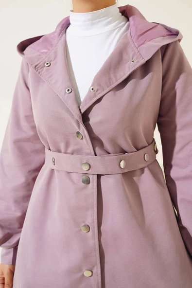 Kapşonlu Çıt Çıt Kısa Trenç Lila - Resim 4