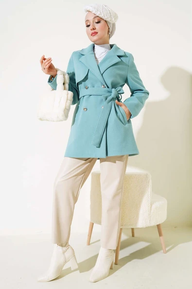 Kruvaze Yaka Kuşaklı Kısa Kaşe Kaban Mint - Resim 2