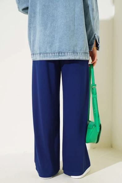 Bel İp Bağlamalı Bol Pantolon Lacivert - Resim 3
