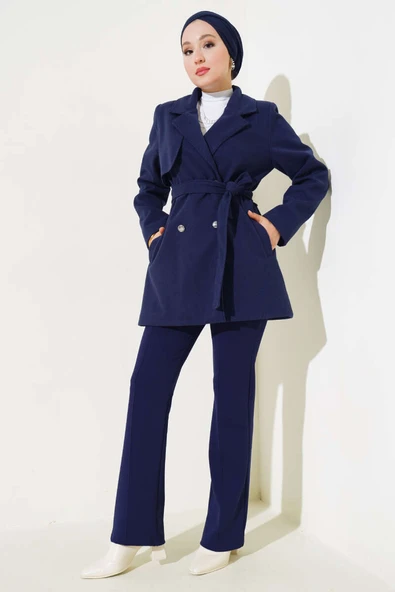 Kruvaze Yaka Kuşaklı Kısa Kaşe Kaban Lacivert - 2