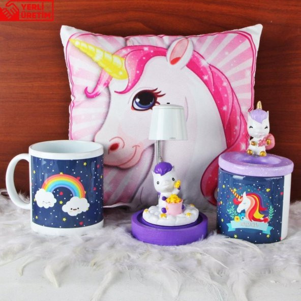 Unicorn Işıklı Biblo Masa Gece Lambası Unicorn Puf Yastık Kalemlik Unicorn Kupa Hediye Seti
