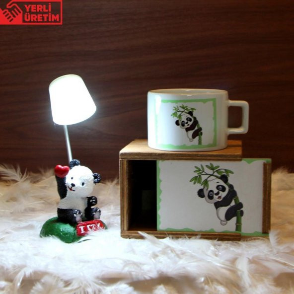 Sevimli Panda Işıklı Biblo Beyaz Masa Lambası Afacan Panda Ahşap Kutulu Kupa Hediye Seti - 1