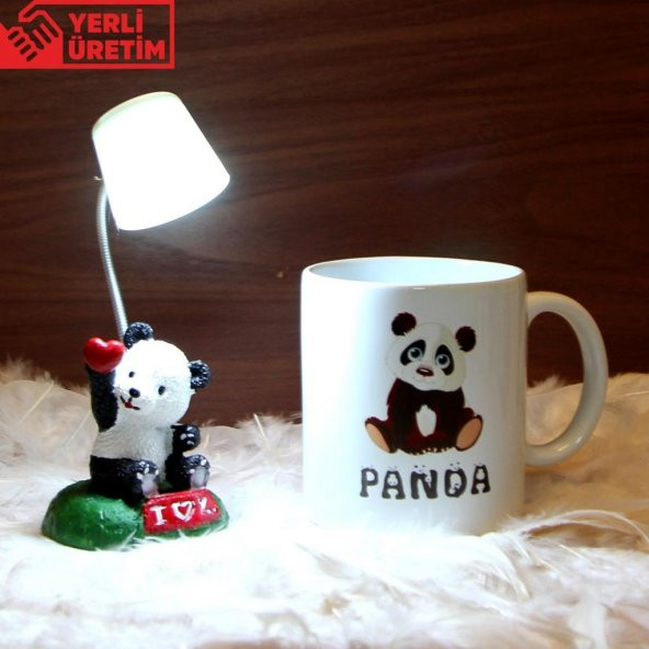 Sevimli Panda Işıklı Biblo Beyaz Masa Lambası Kişiye Özel Masum Panda Kupa Hediye Seti
