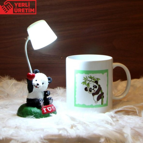 Sevimli Panda Işıklı Biblo Beyaz Masa Lambası Kişiye Özel Afacan Panda Kupa Hediye Seti