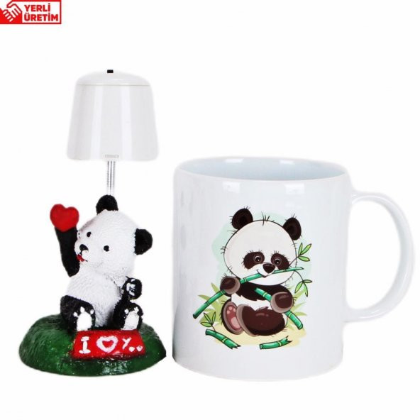 Sevimli Panda Işıklı Biblo Masa Gece Lambası Panda   Kupa Hediye Seti - 1