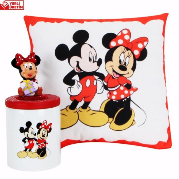 Mickey Mouse Minnie Mouse Biblolu Kalemlik Mickey Minnie Puf Yastık Hediye Seti