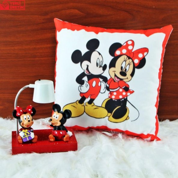 Mickey Mouse Minnie Mouse Işıklı Biblo Masa Gece Lambası Mickey Minnie Puf Yastık Hediye Seti