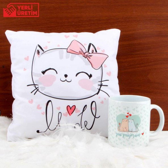 Kedi Puf Yastık Kedi Kupa Hediye Seti