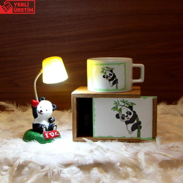 Sevimli Panda Işıklı Biblo Sarı Masa Lambası Afacan Panda Ahşap Kutulu Kupa Hediye Seti