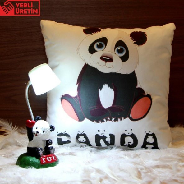 Sevimli Panda Işıklı Biblo Beyaz Masa Lambası Masum Panda Puf Yastık Hediye  Seti