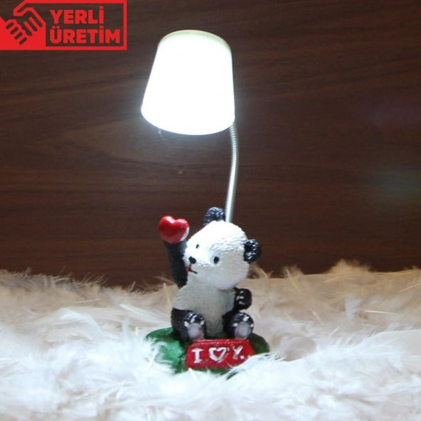 Sevimli Panda Işıklı Biblo Beyaz Masa Lambası Masum Panda Puf Yastık Hediye  Seti - 2