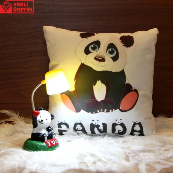 Sevimli Panda Işıklı Biblo Sarı Masa Lambası Masum Panda Puf Yastık Hediye Seti