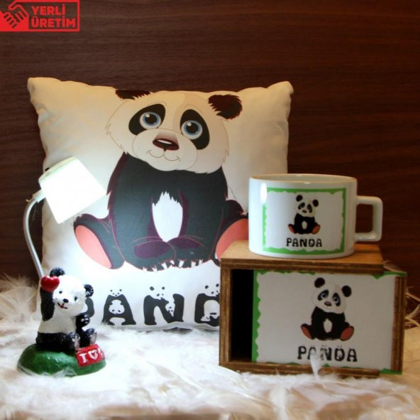 Sevimli Panda Beyaz Işıklı Masa Lambası Biblo Masum Panda Kutulu Kupa Panda Puf Yastık Set