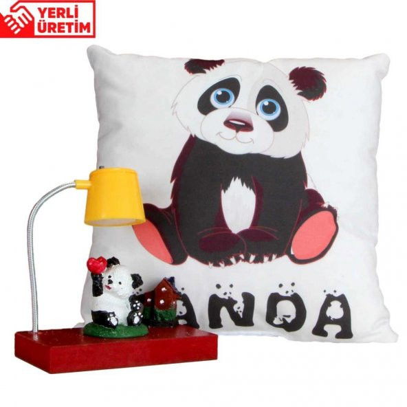 Evini Özleyen Sevimli Panda Sarı Masa Gece Lambası Işıklı Biblo Panda Puf Yastık Hediye Seti