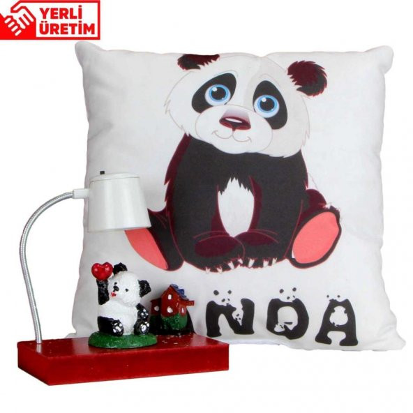 Evini Özleyen Sevimli Panda Beyaz Masa Gece Lambası Işıklı Biblo Panda Puf Yastık Hediye Seti