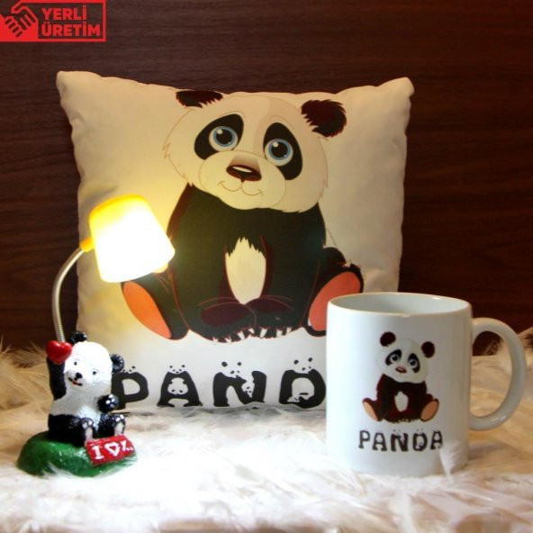 Sevimli Panda Sarı Işıklı Masa Gece Lambası Kişiye Özel Panda Kupa Panda Puf Yastık Seti