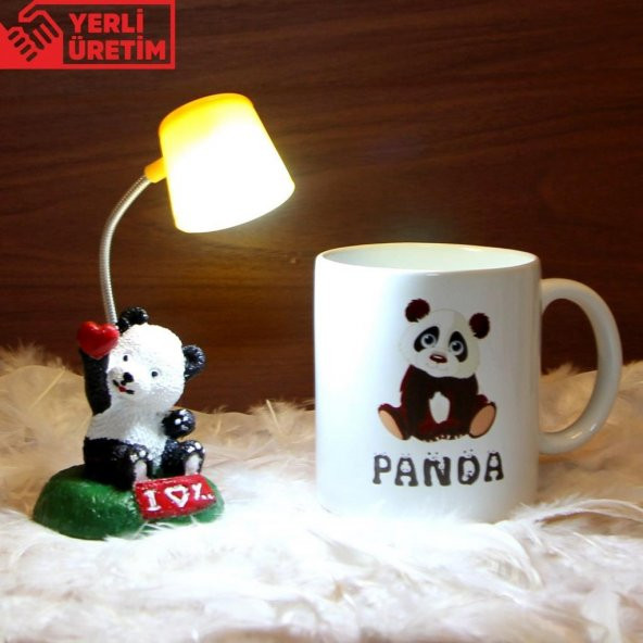 Sevimli Panda Işıklı Biblo Sarı Masa Lambası Kişiye Özel Masum Panda Kupa Hediye Seti