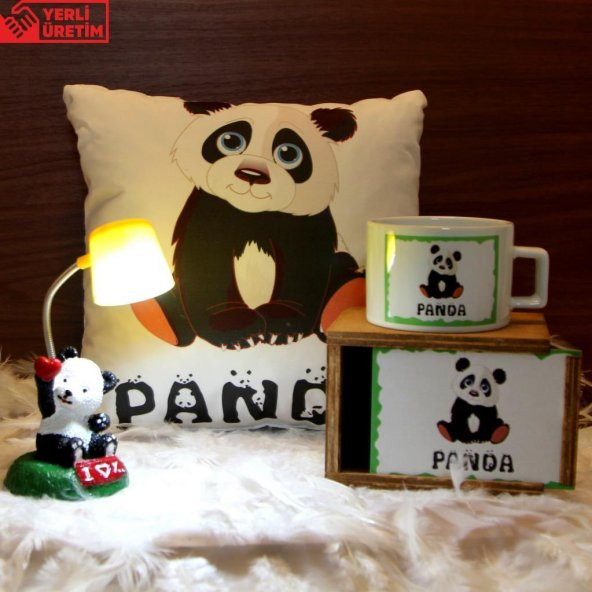 Sevimli Panda Sarı Işıklı Masa Lambası Biblo Masum Panda Kutulu Kupa Panda Puf Yastık Set