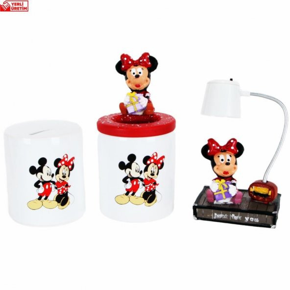 Mickey Mouse Minnie Mouse Kalemlik Minnie Işıklı Biblo Mickey Kumbara Hediye Seti
