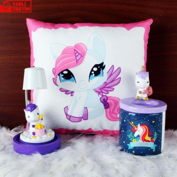 Sevimli Papçik Unicorn Puf Yastık Kalemlik Unicorn Işıklı Biblo Masa Gece Lambası Hediye Seti