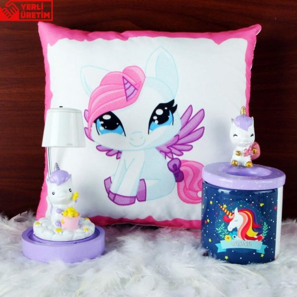 Sevimli Papçik Unicorn Puf Yastık Kalemlik Unicorn Işıklı Biblo Masa Gece Lambası Hediye Seti