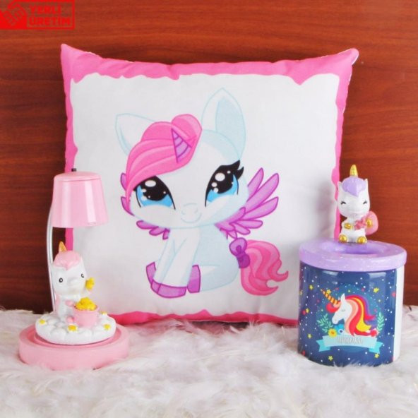 Sevimli Papçik Unicorn Puf Yastık Kalemlik Unicorn Işıklı Biblo Masa Gece Lambası Hediye Seti - 1