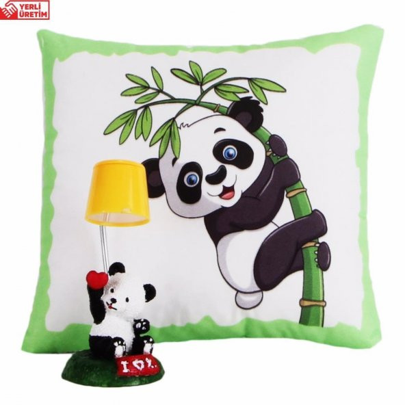 Sevimli Panda Sarı Işıklı Masa Gece Lambası Biblo Afacan Panda Puf Yastık Hediye Seti
