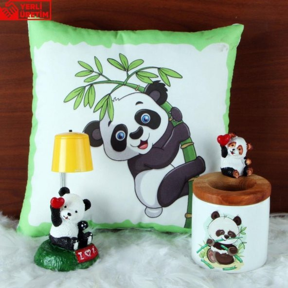 Sevimli Panda Işıklı Biblo Puf Yastık Panda Biblo Kalemlik Hediye Seti