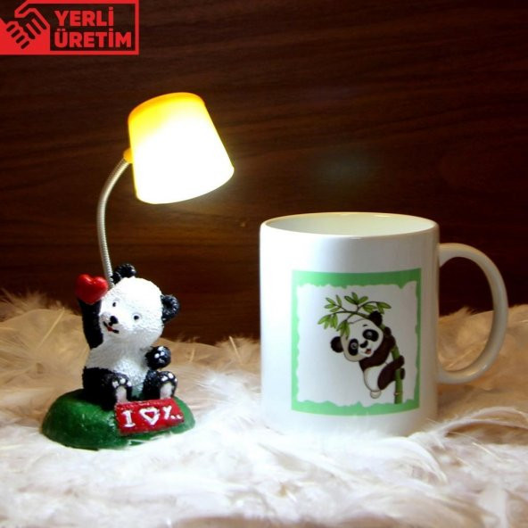 Sevimli Panda Işıklı Biblo Sarı Masa Lambası Kişiye Özel Afacan Panda Kupa Hediye Seti
