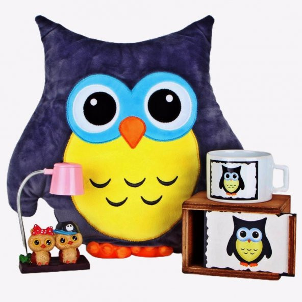 Baykuş Yastık Best Friends Işıklı Biblo Masa Lambası Baykuş Kutulu Kupa Hediye Seti