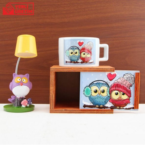 Aşık Baykuşlar Hediye Seti Baykuş Kutulu Kupa Baykuş Işıklı Biblo