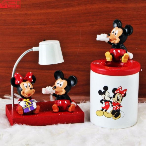 Mickey Mouse Minnie Mouse Işıklı Biblo Masa Gece Lambası Mickey Biblolu Kalemlik Hediye Seti