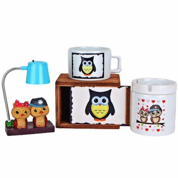 Best Friends Baykuş Işıklı Biblo Masa Lambası Baykuş Kutulu Kupa Küllük Hediye Seti