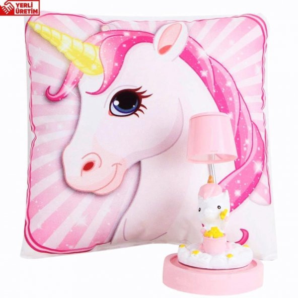 Pembe Unicorn   Puf Yastık Sevimli Unicorn Masa Gece Lambası Işıklı Biblo Hediye Seti