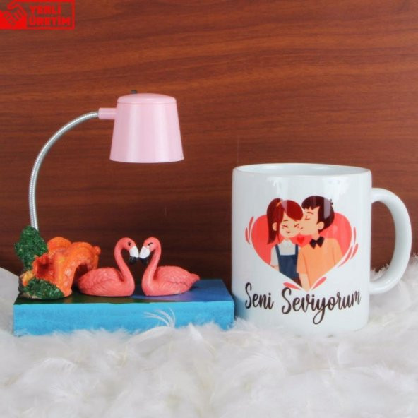 Flamingoların Aşkı Işıklı Biblo Masa Gece Lambası Seni Seviyorum Kupa Sevgiliye Hediye Seti