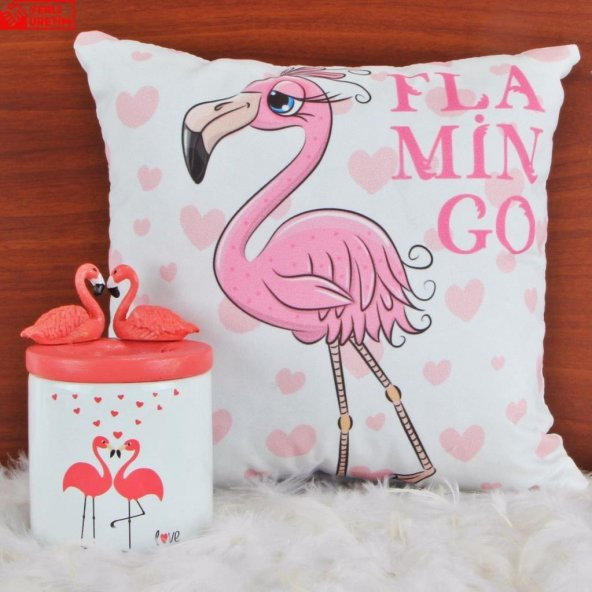 Flamingoların Aşkı Biblolu Kalemlik Flamingo Puf Yastık Hediye Seti