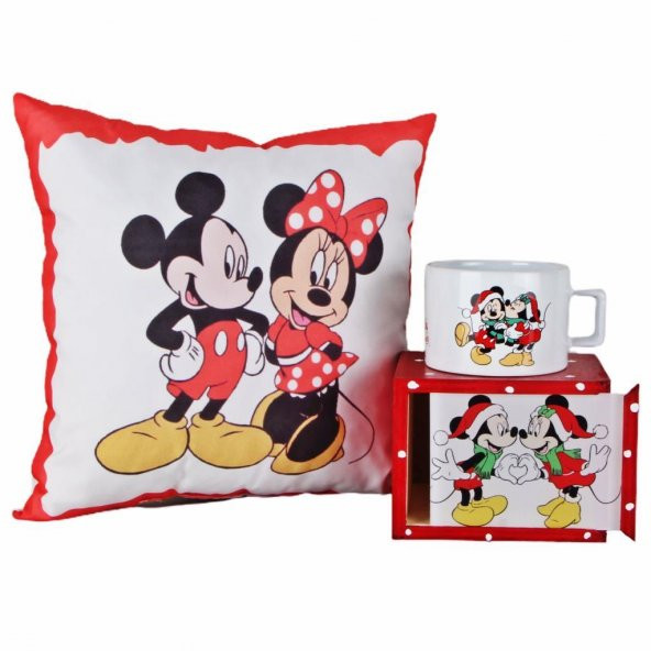 Mickey Mouse Minnie Mouse Ahşap Kutulu Kupa Mickey Minnie Puf Yastık Yılbaşı Hediye Seti