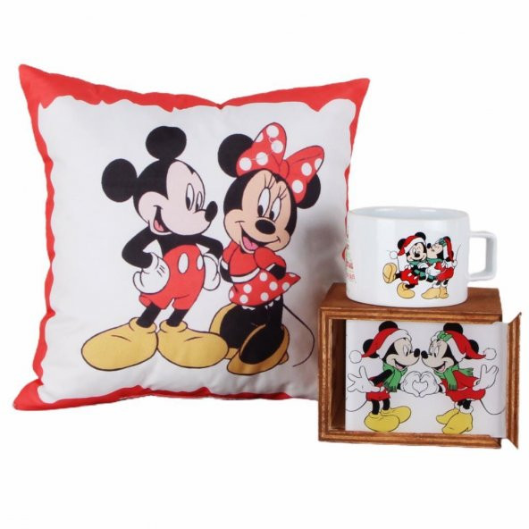 Mickey Mouse Minnie Mouse Puf Yastık Mickey Minnie Ahşap Kutulu Kupa Yılbaşı Hediyesi