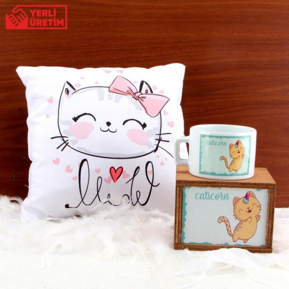 Kedi   Puf Yastık Kedi Ahşap Kutulu Kupa Hediye Seti