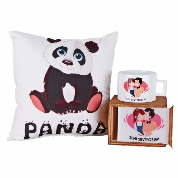 Masum Panda   Puf Yastık Seni Seviyorum Doğal Ahşap Kutulu Kupa Sevgiliye Hediye Seti - 1