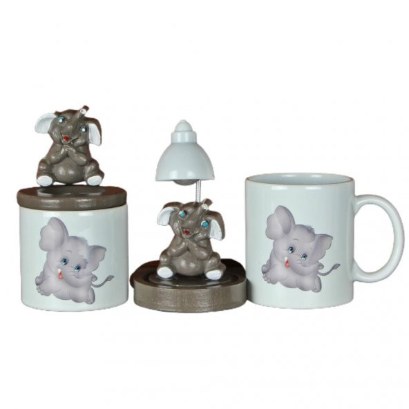 Gri Fil Işıklı Biblo Masa Gece Lambası Fil Kupa Fil Biblolu Kalemlik Hediye Seti