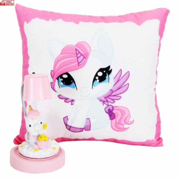 Sevimli Papçik Unicorn Puf Yastık Unicorn Işıklı Biblo Masa Gece Lambası Hediye Seti