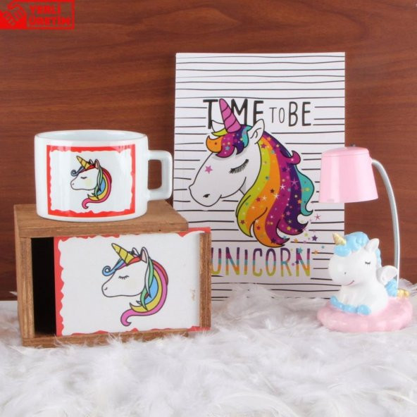 Unicorn Ahşap Doğal Kutulu Kupa Unicorn Işıklı Biblo Hatıra Defteri Hediye Seti