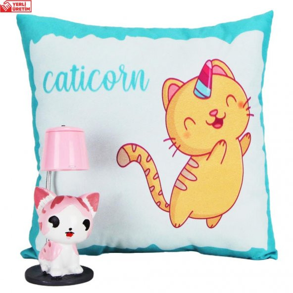Sevimli Şans Getiren Pembe Kedi Masa Lambası Işıklı Biblo Kedi Puf Yastık Hediye Seti