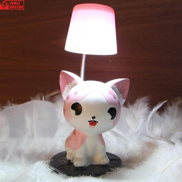 Sevimli Şans Getiren Pembe Kedi Masa Lambası Işıklı Biblo Kedi Puf Yastık Hediye Seti - 2