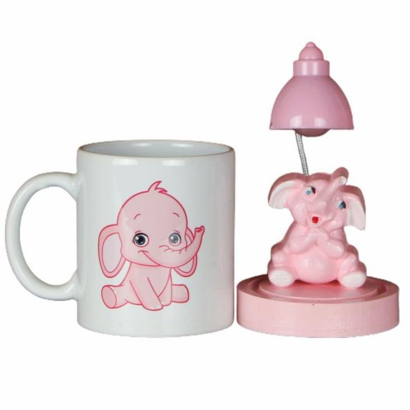 Sevimli Pembe Fil Kupa Pembe Fil Işıklı Biblo Masa Gece Lambası Hediye Seti