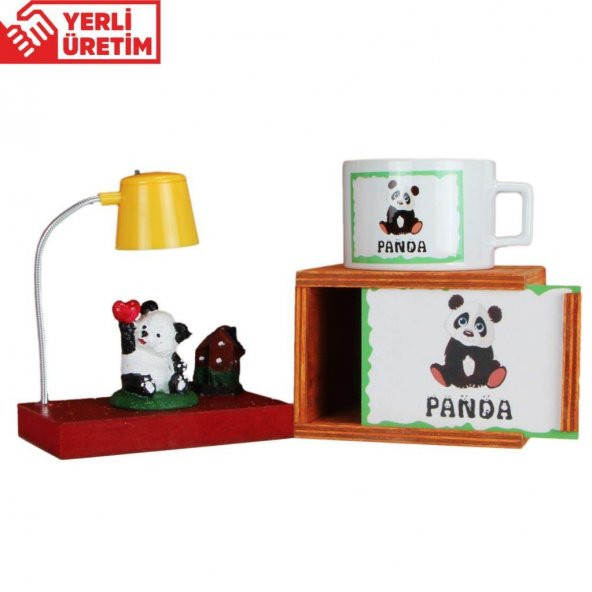 Evini Özleyen Sevimli Panda Masa Gece Lambası Işıklı Biblo Masum Panda Kutulu Kupa Set